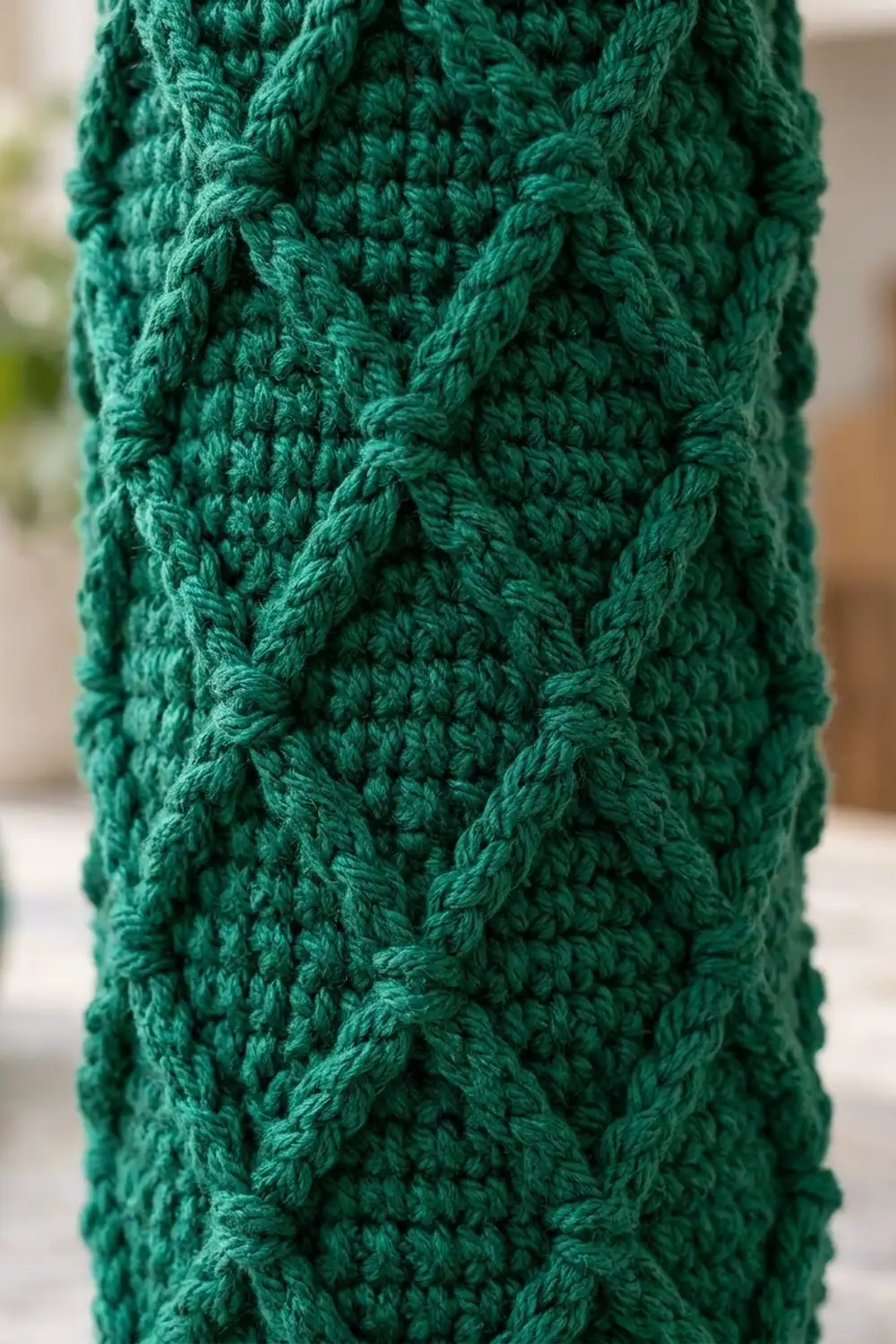 Close-up of rich forest green crocheted fabric with raised cable-twist pattern creating bold vertical texture and shadow detail.