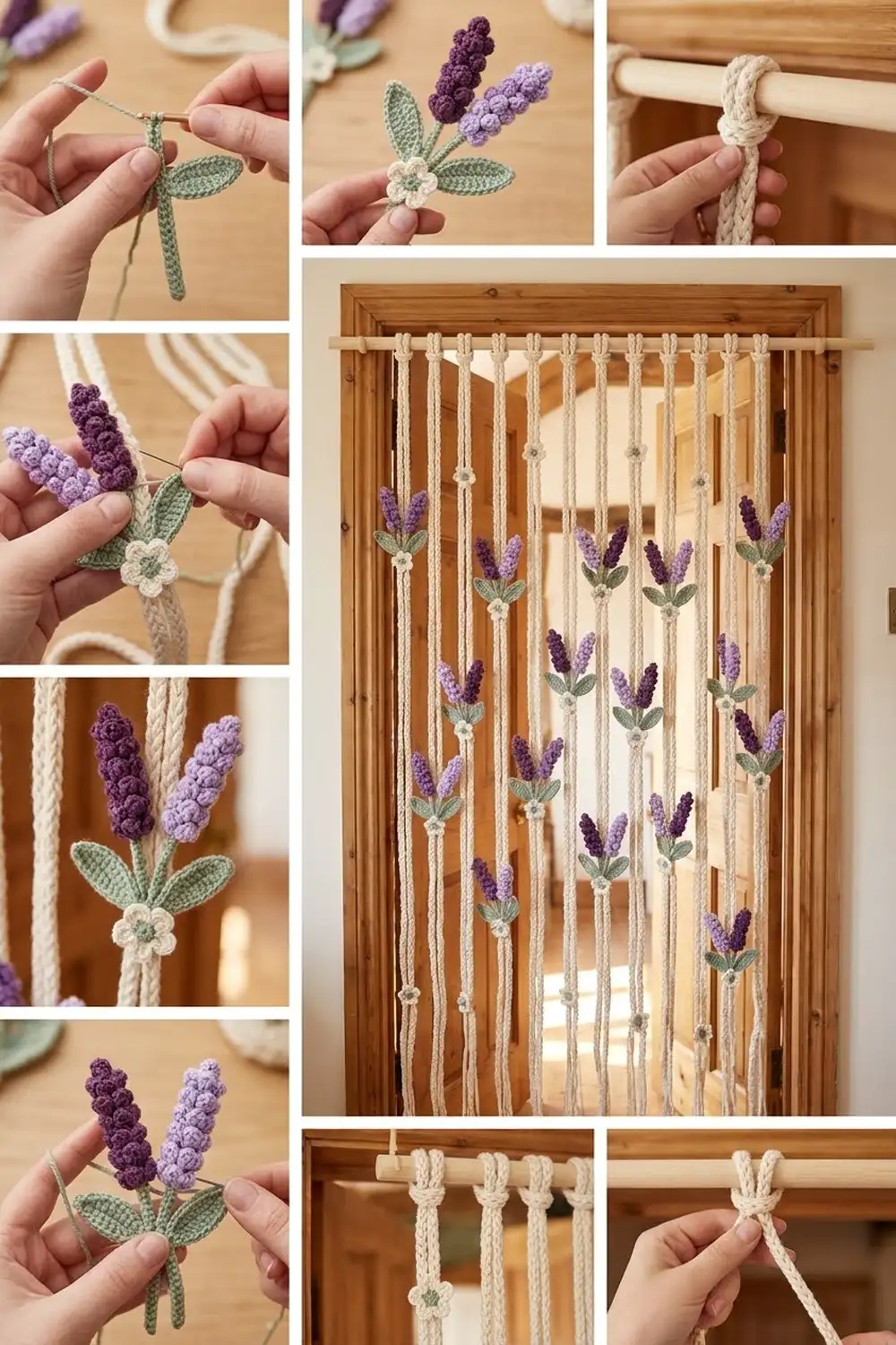 Crocheted lavender flowers in purple and green with cream rope, displayed in a wooden-framed macramé wall hanging.