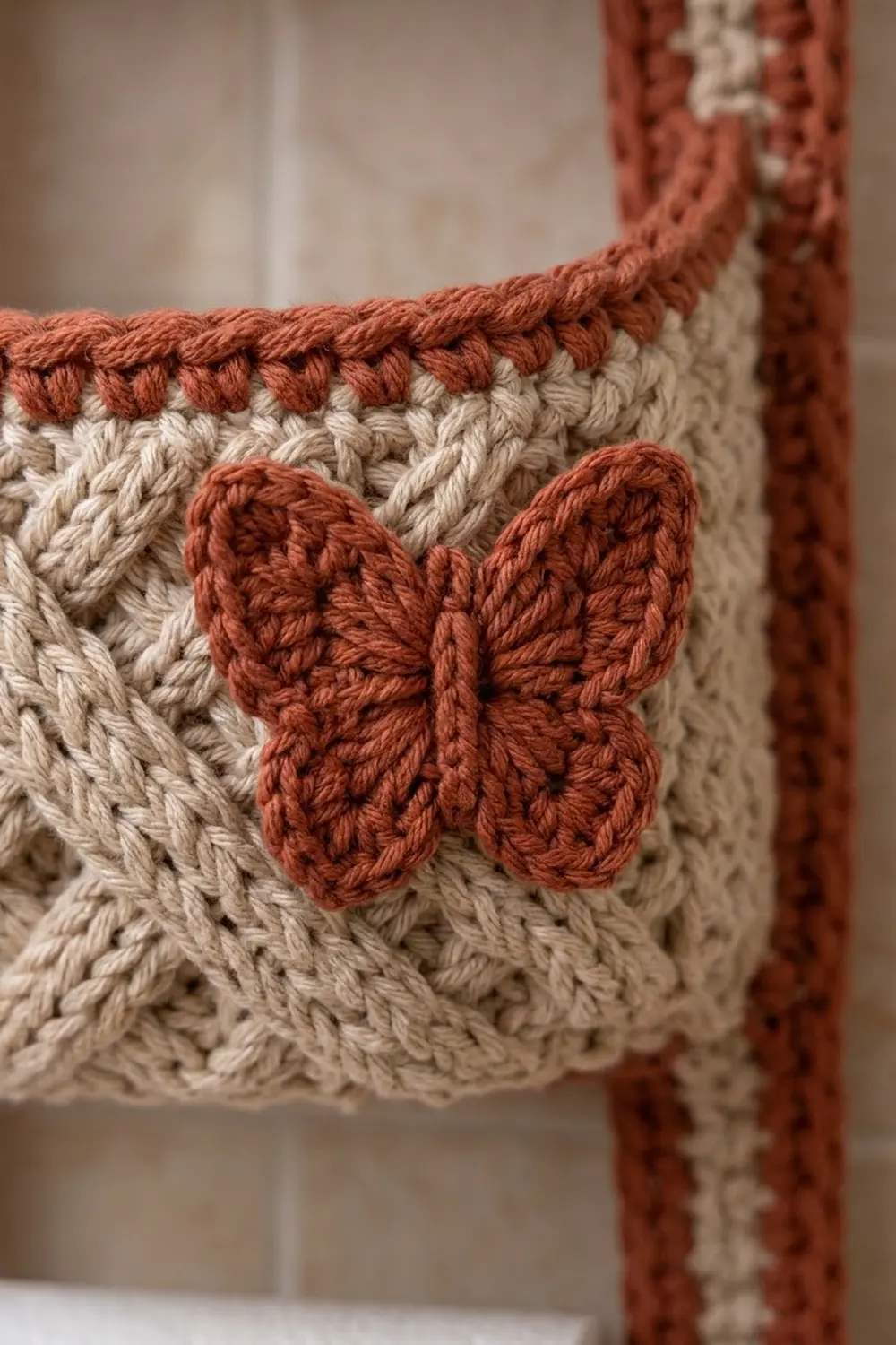 Crocheted cream fabric features a textured rust-red butterfly appliqué with matching border trim.