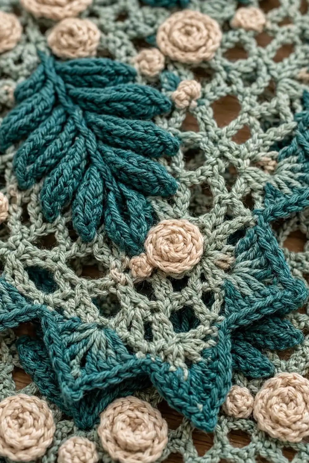 Close-up of crocheted fabric with dark teal leaves, sage-green mesh, and cream rosette details.