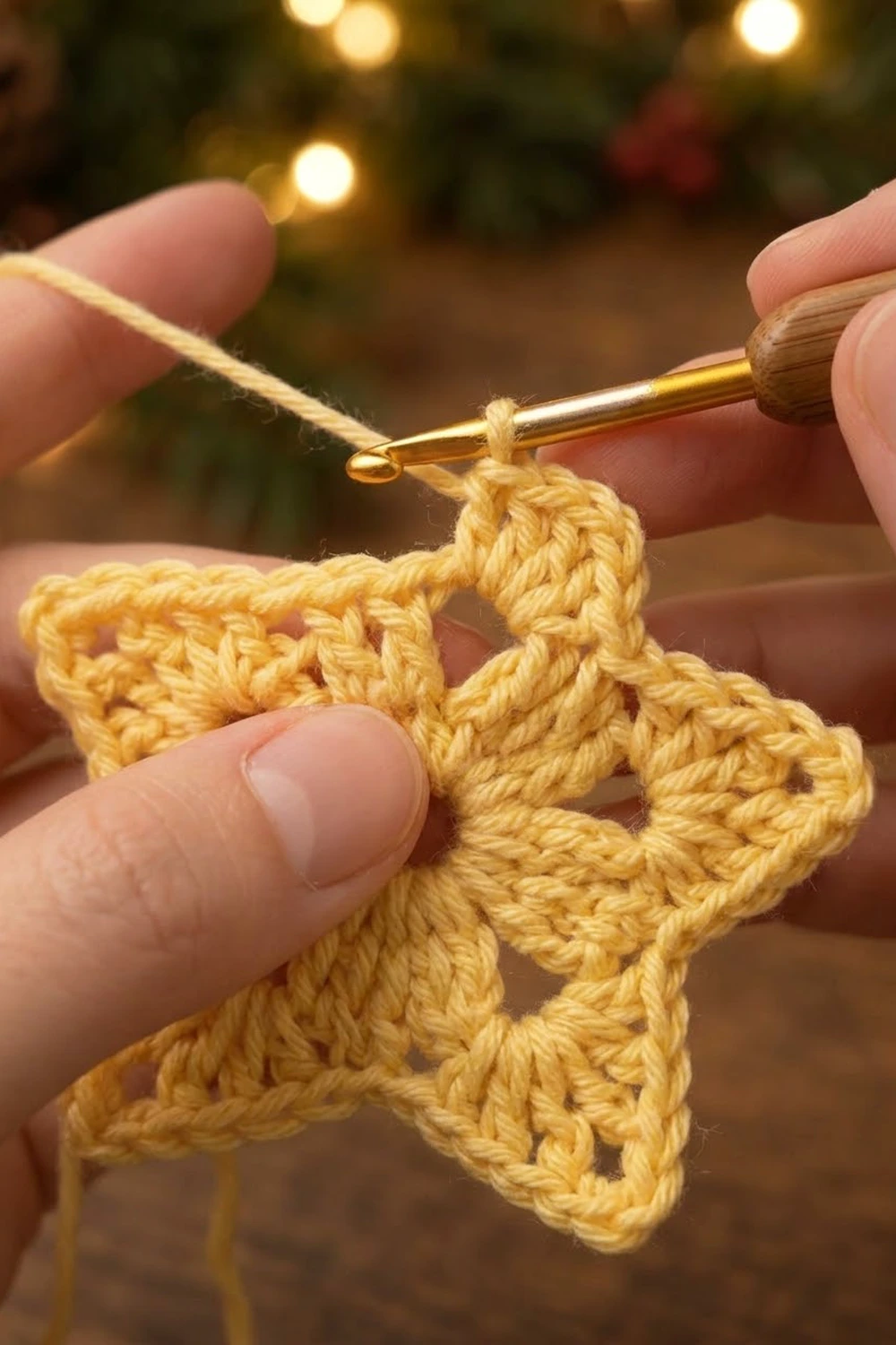 Close-up of hands crocheting a golden yellow star ornament with a metal hook against a blurred festive background.