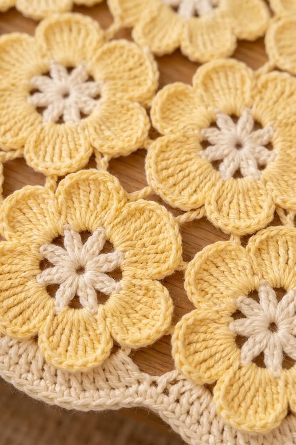 Close-up of crocheted yellow flowers with white centers and detailed stitch texture on a warm wood-toned surface.