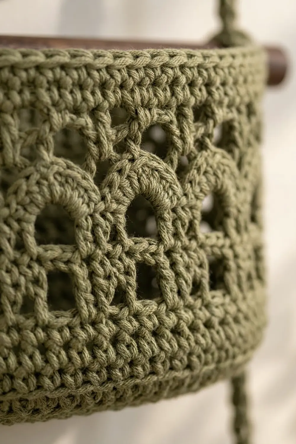 Close-up of sage green crocheted basket with open diamond stitch pattern and wooden rim handle.