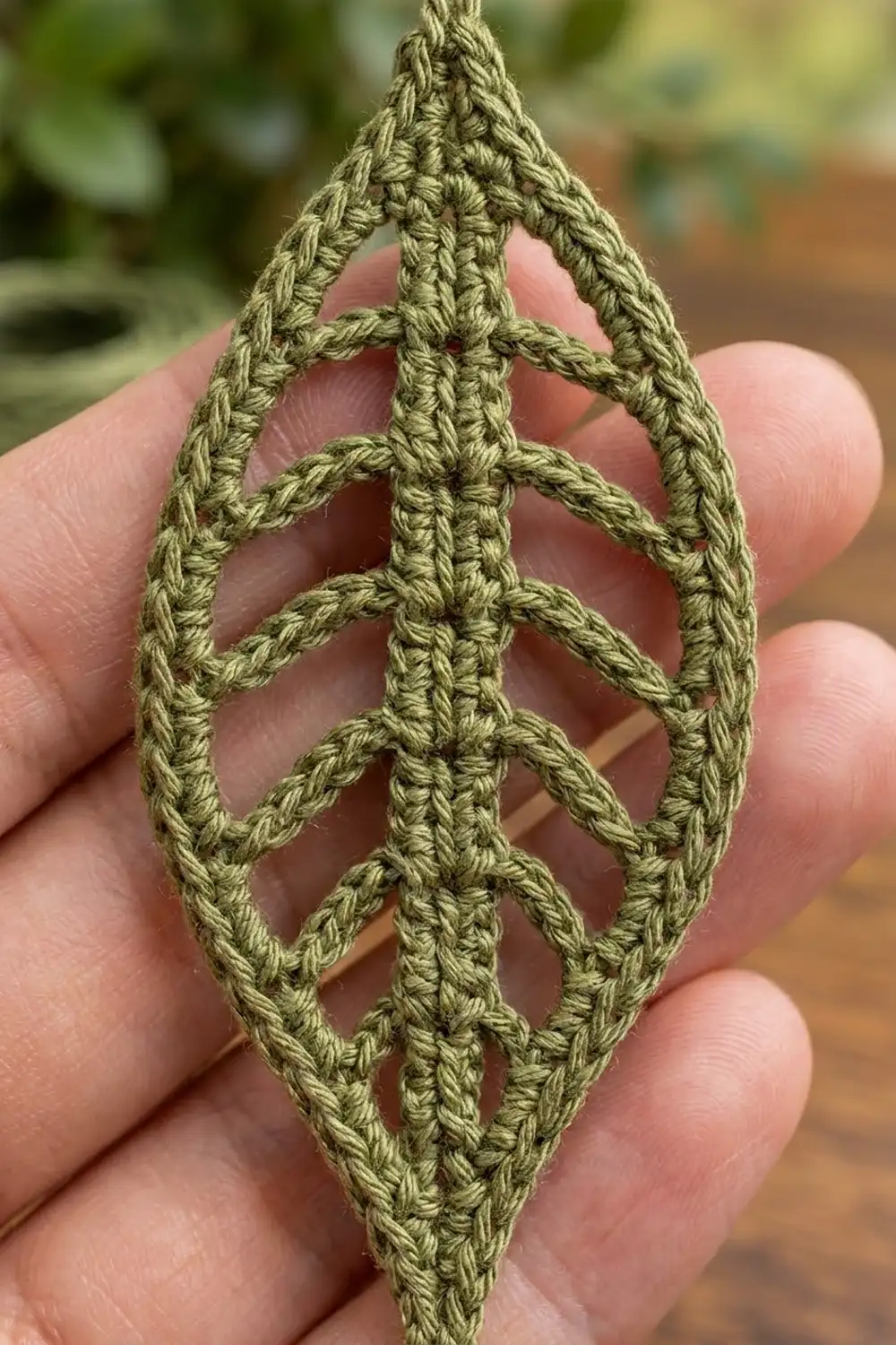 Hand holding an olive-green crocheted leaf motif with delicate openwork pattern against blurred garden foliage.