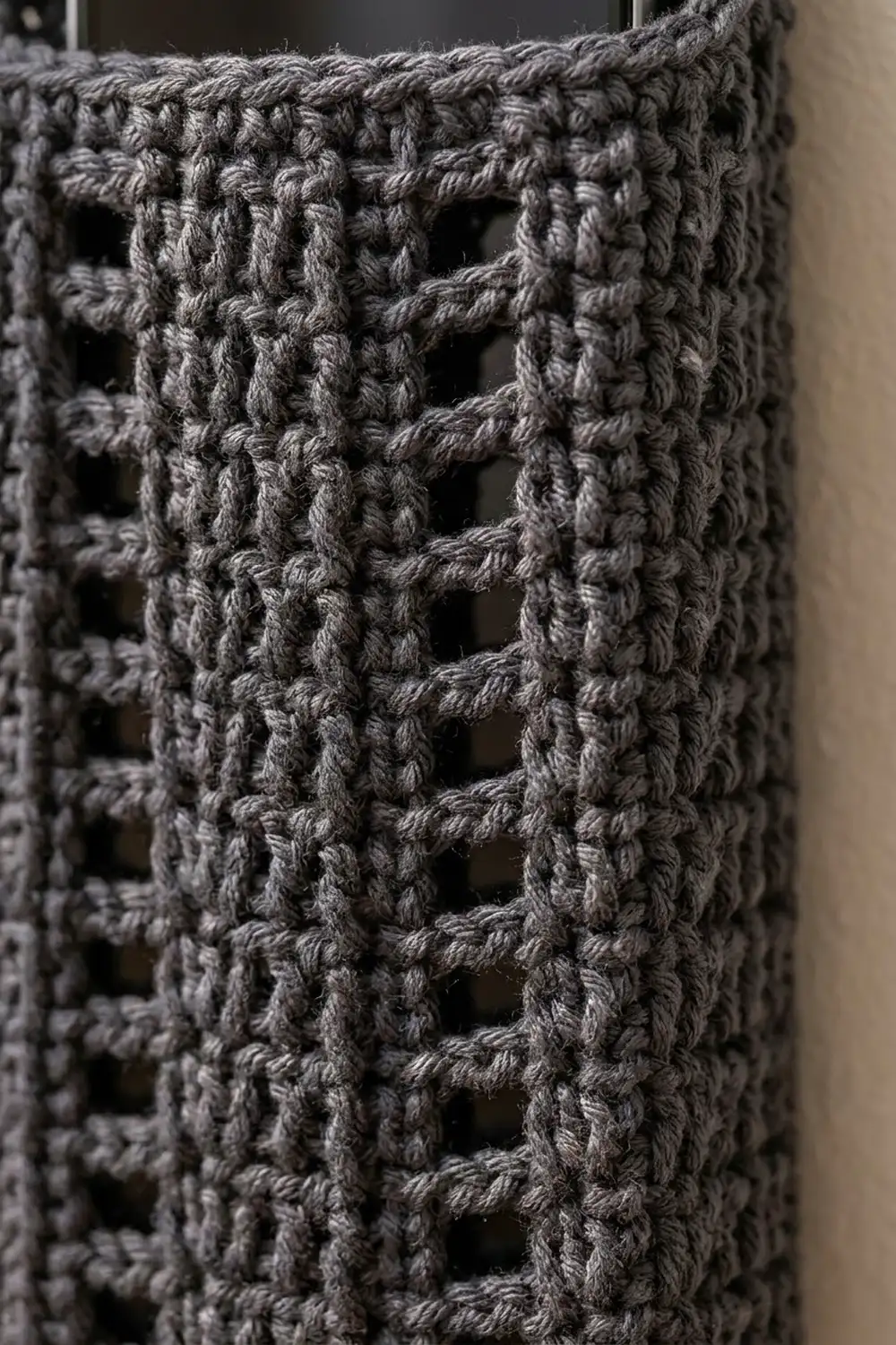 Detailed view of thick charcoal crochet with an open lattice stitch pattern against a soft neutral background.