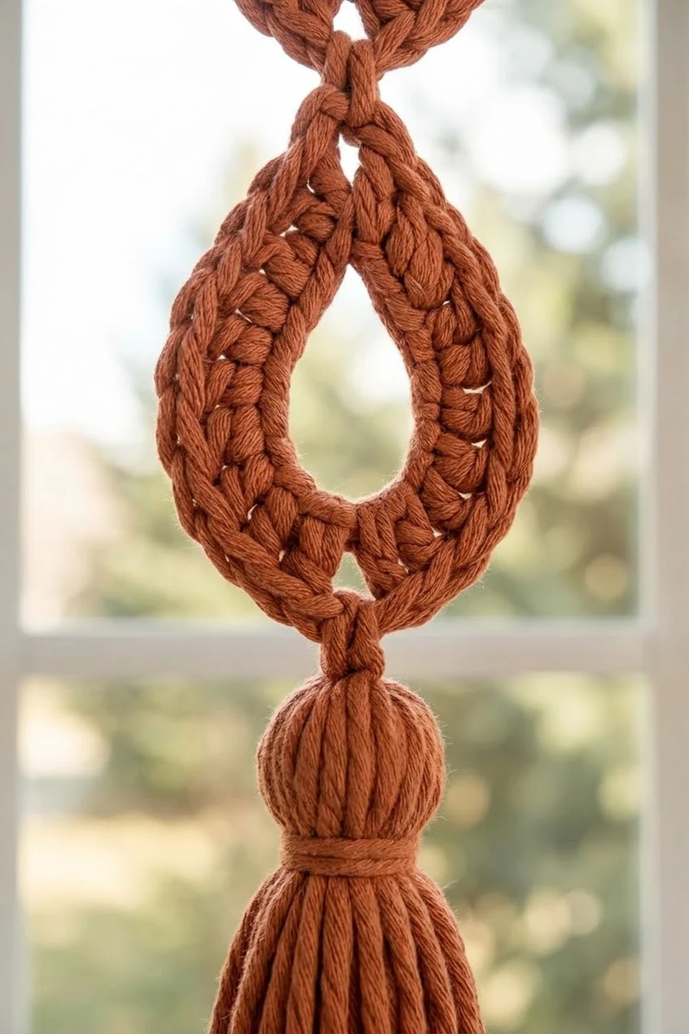 Close-up of a braided terracotta rope tassel with decorative knot detail hanging against a blurred window background.