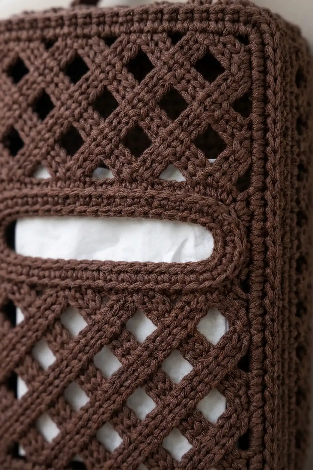 Closeup of brown crocheted lace with diamond lattice cutouts revealing white fabric underneath.