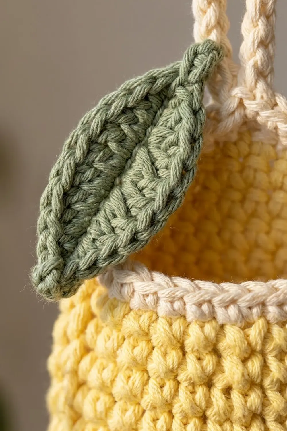 Detailed crochet leaf in sage green adorns sections of yellow and cream yarn against a soft neutral gray background.