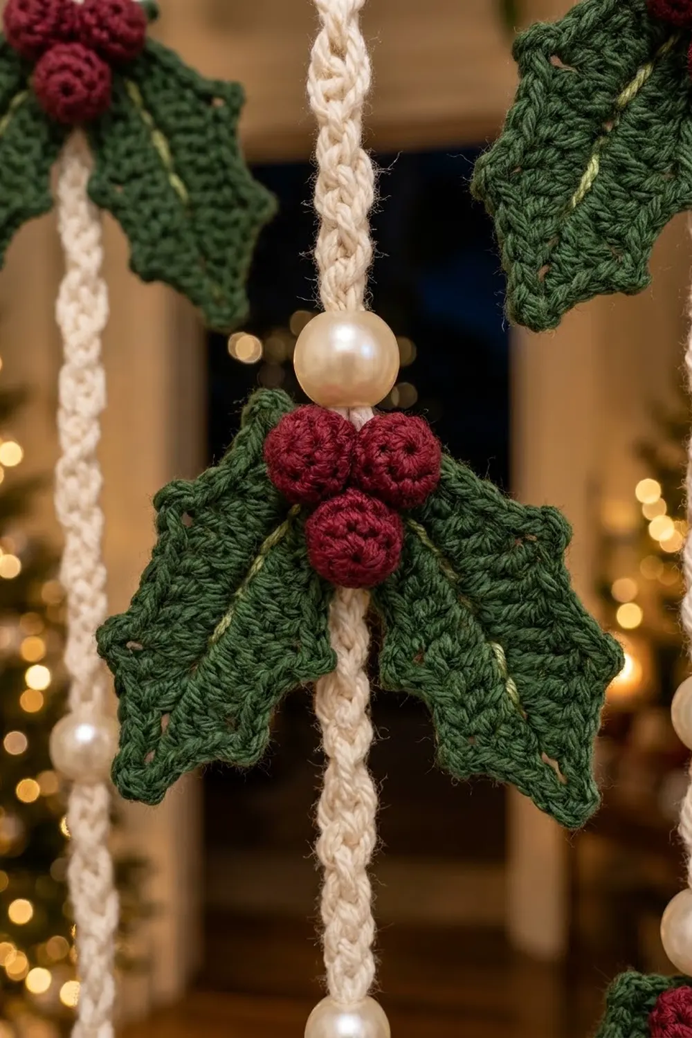 Crocheted holly ornament with green leaves, burgundy berries, and pearl bead hanging from cream cord against warm holiday bokeh lights.