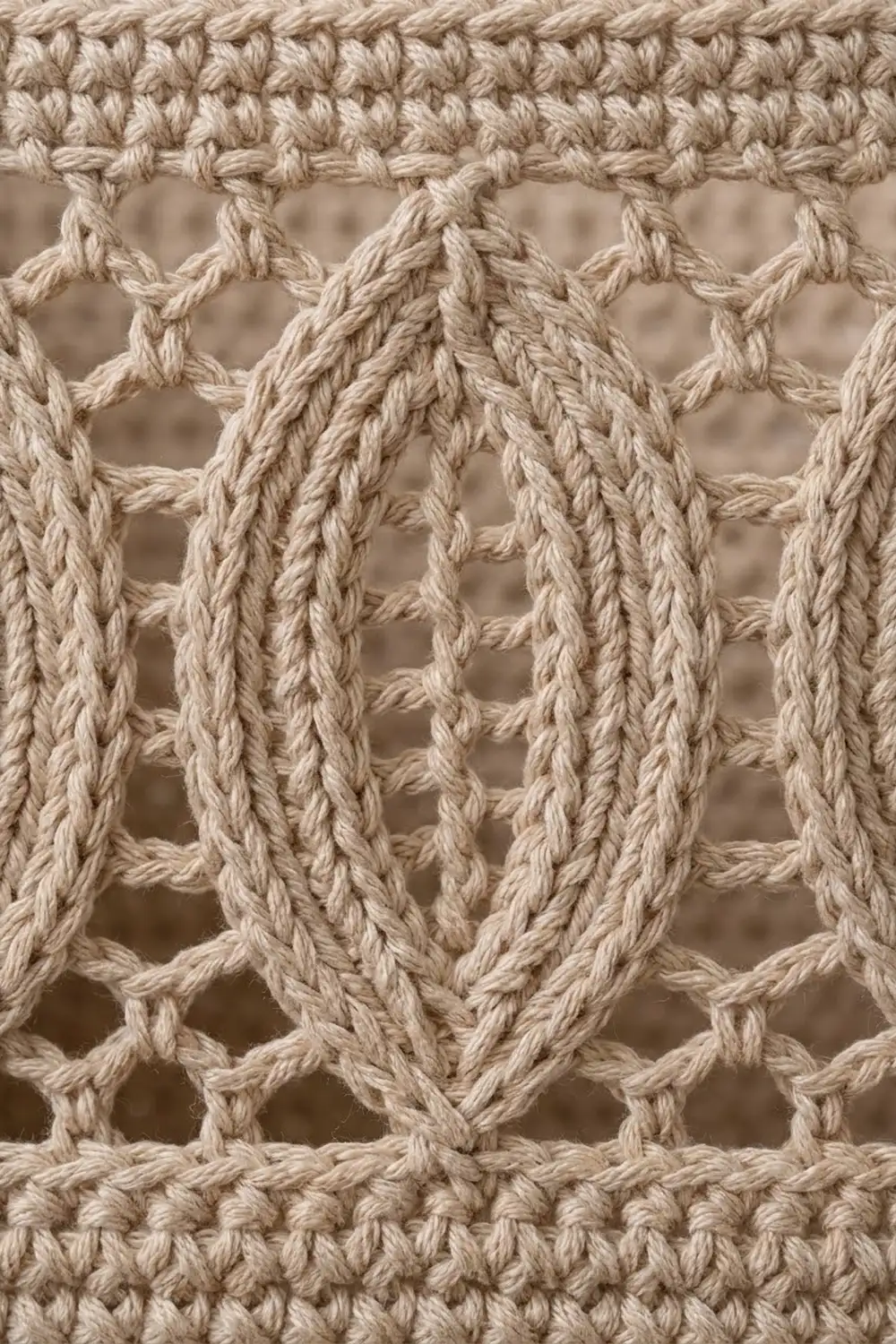 Close-up of cream-colored crocheted lace with diamond motifs and ribbed vertical stitches, framed by dense border rows.