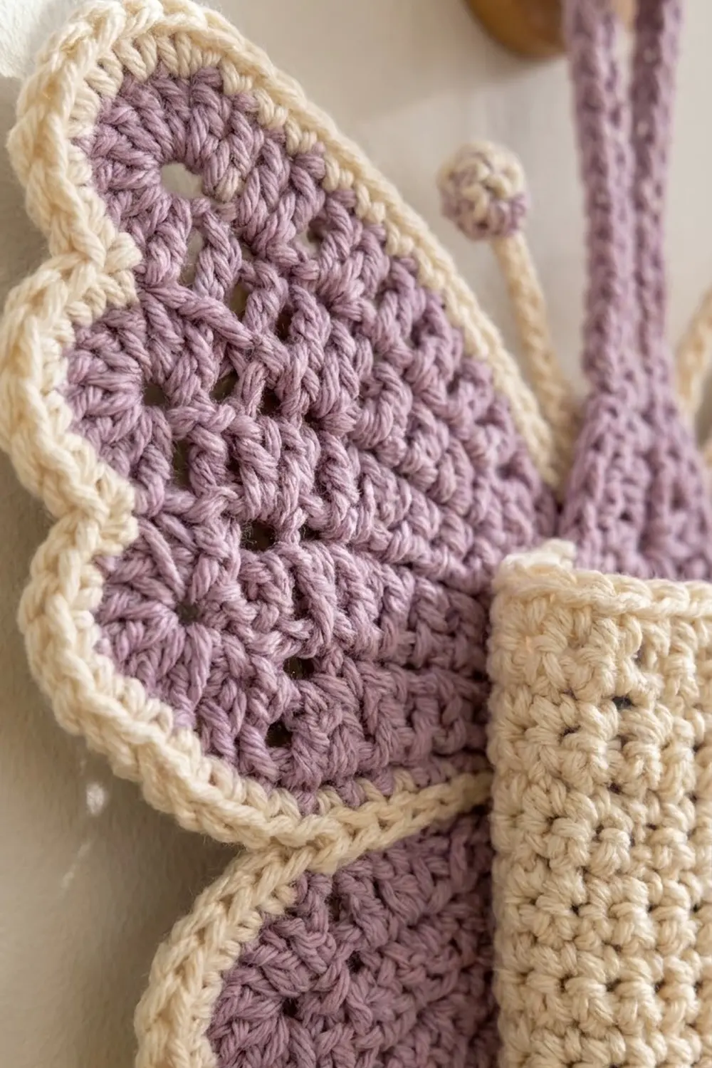 Lavender and cream crocheted amigurumi close-up revealing detailed stitch work against a soft background.
