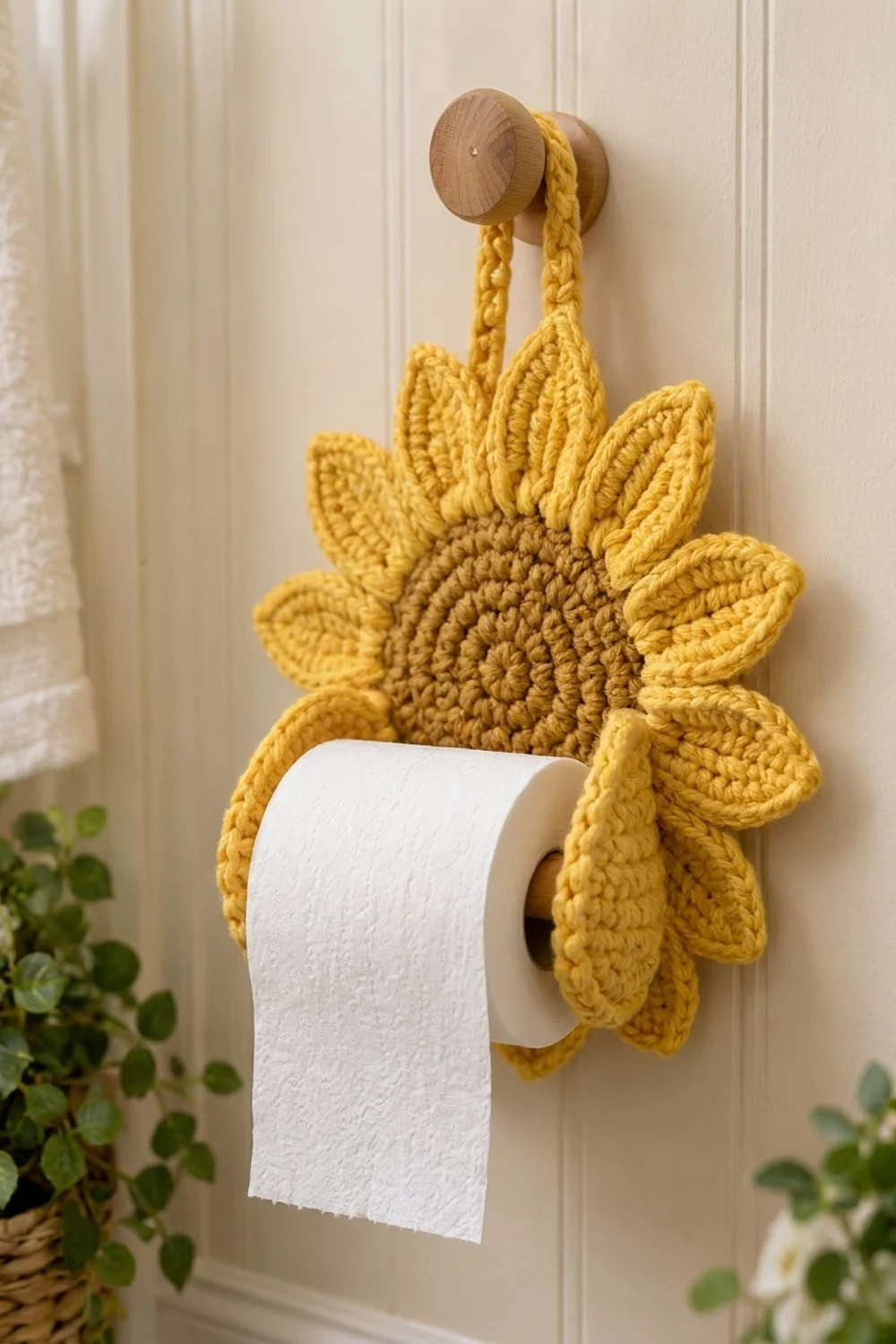 Bright yellow crocheted sunflower toilet paper holder mounted on wooden peg against cream paneled wall.
