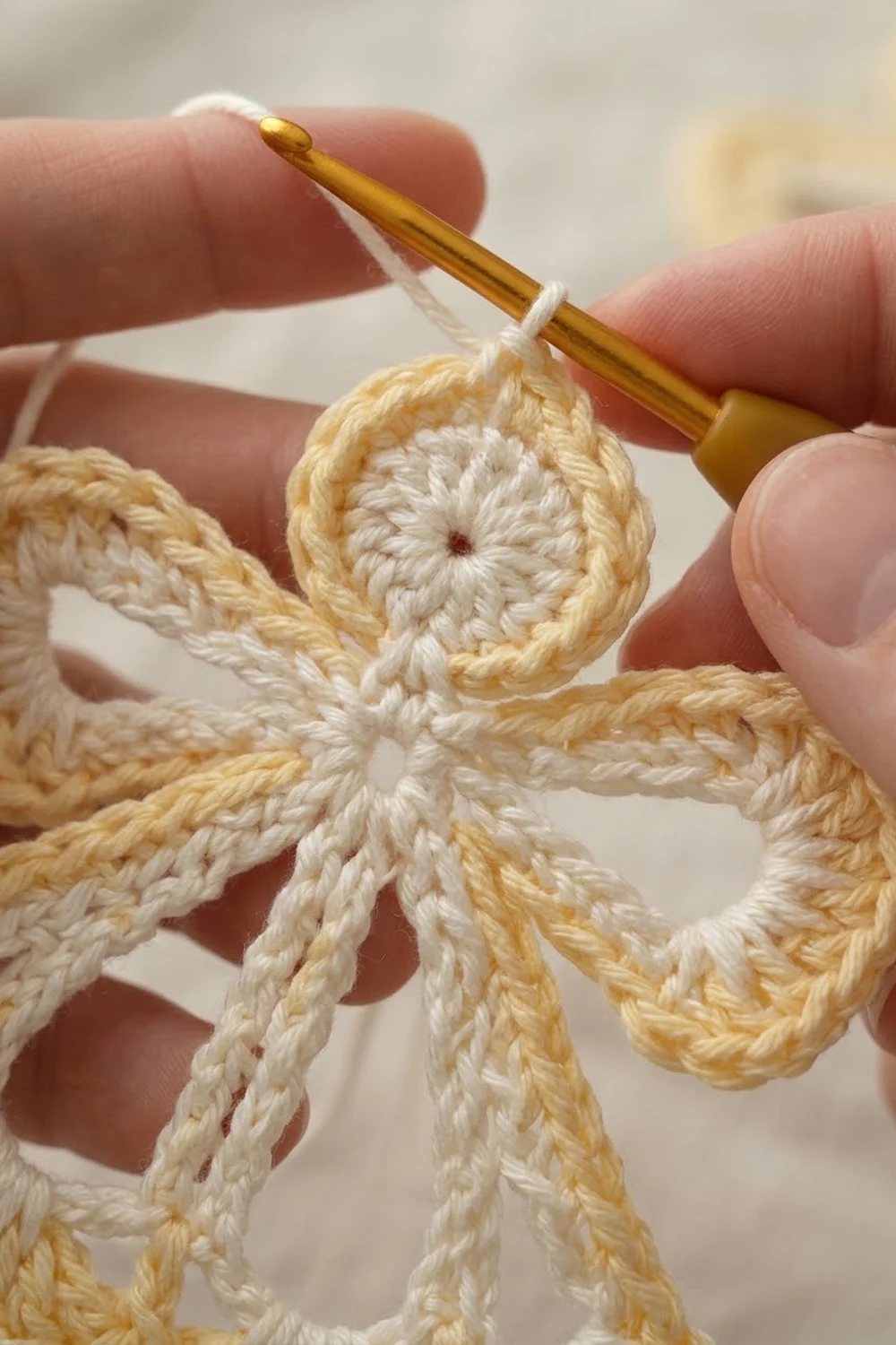 Close-up of hands crocheting a small star-shaped amigurumi ornament in cream and yellow yarn with a golden hook.
