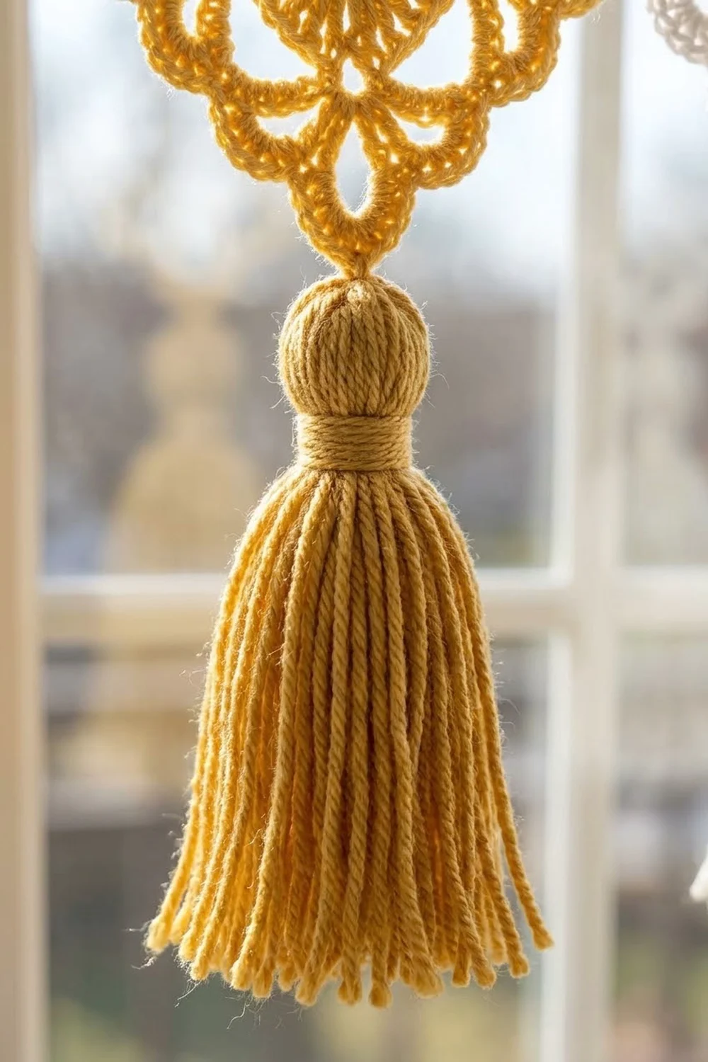 A golden yellow decorative tassel with ornate looped trim hanging against a blurred window background.