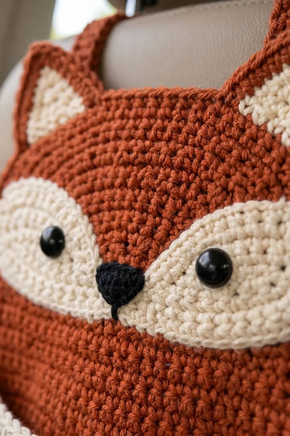 Detailed view of a rust and cream crocheted fox amigurumi with black button eyes and embroidered nose.