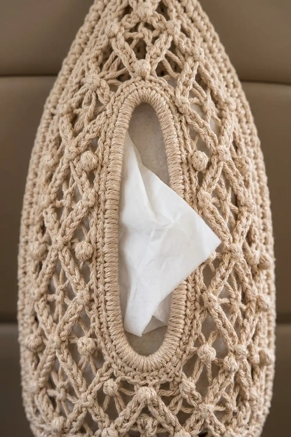 Cream-colored crocheted tissue holder with ornate braided rope pattern and white tissue through the opening.