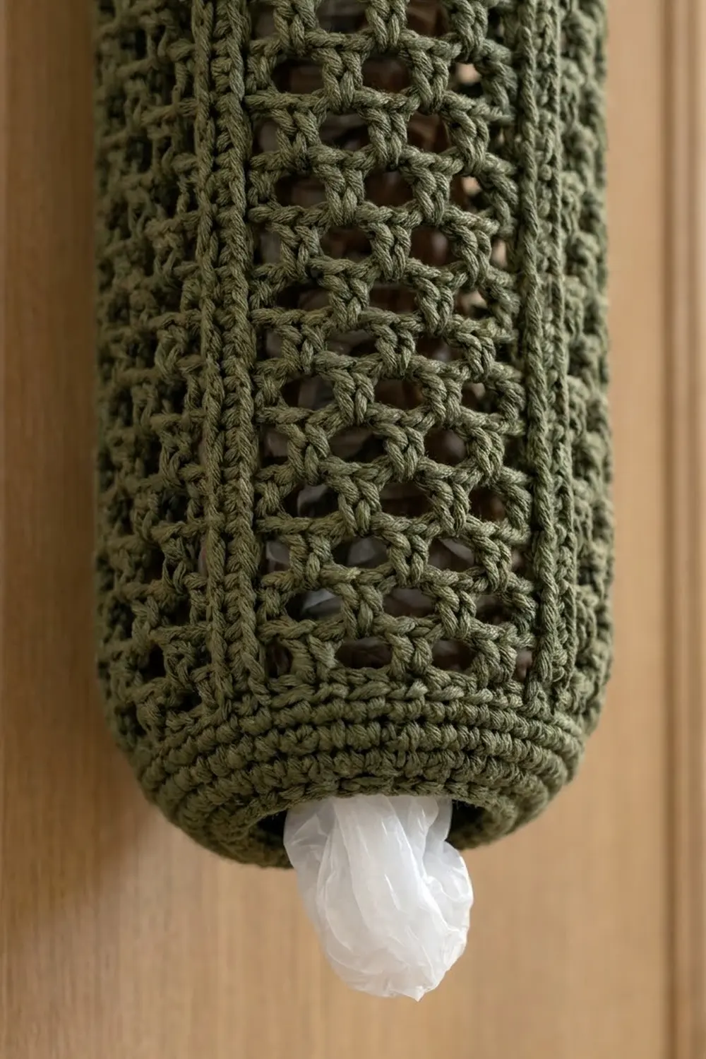 Detail of olive green crocheted lace with open mesh pattern and a white plastic ring closure at its edge.