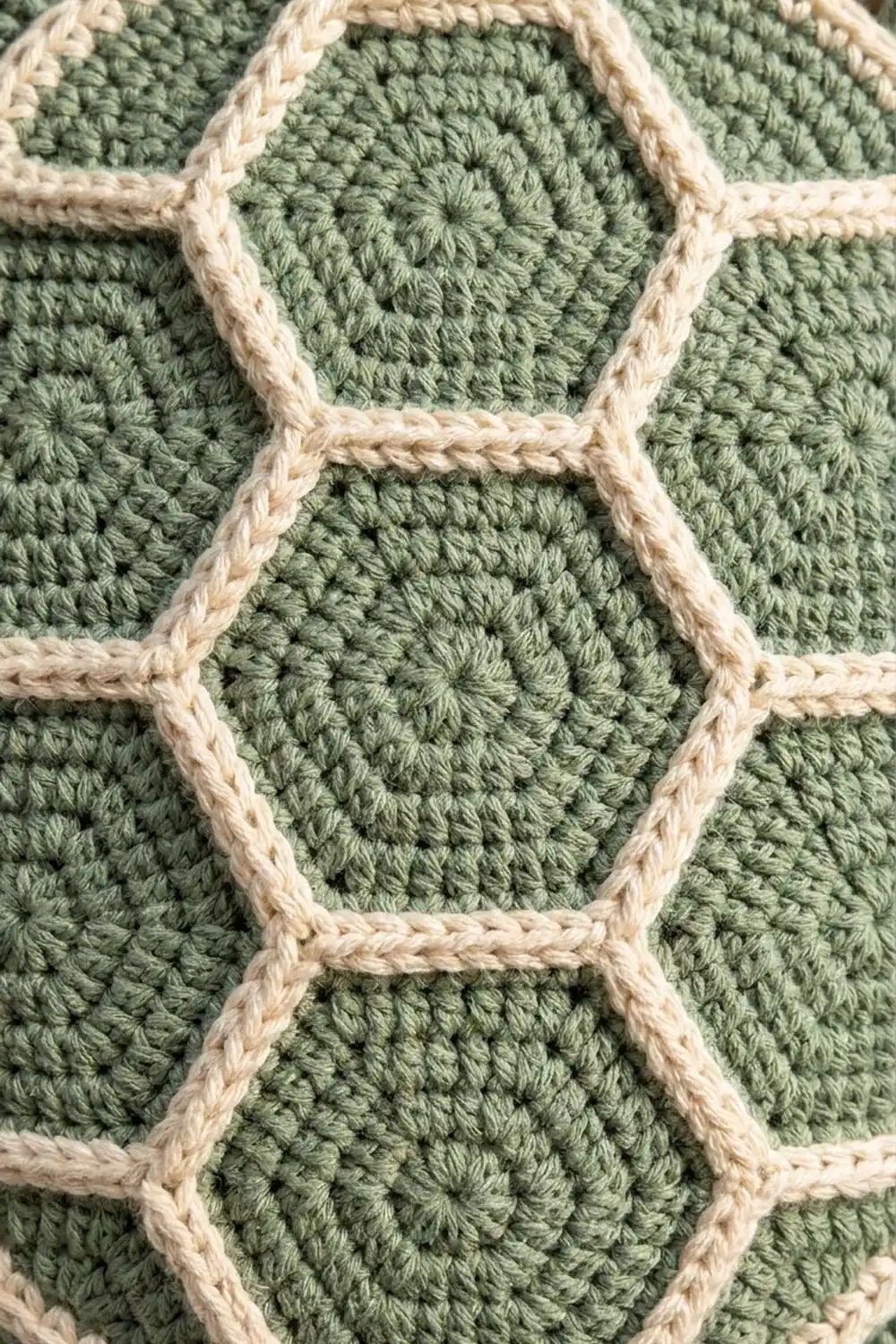 Sage green crocheted fabric detailed with cream-colored grid borders forming geometric diamond shapes.