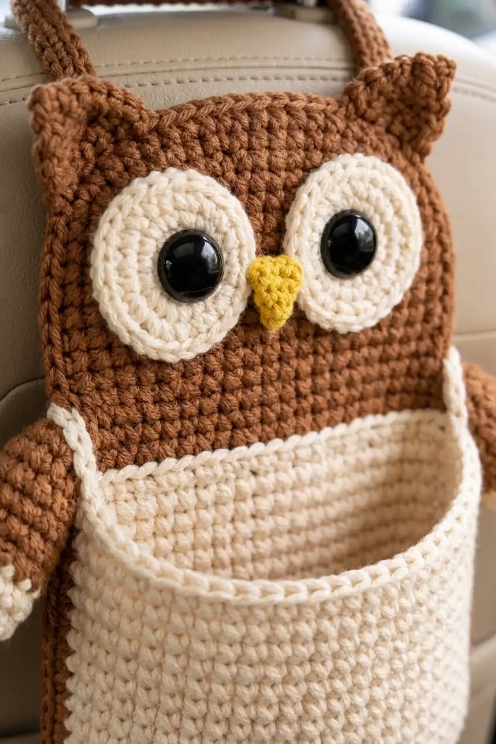 Brown crocheted owl with cream eyes and yellow beak sits in a cream-colored wicker basket.