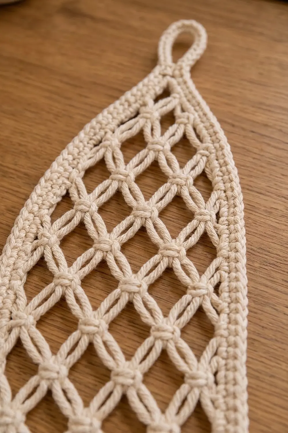 Cream-colored macramé wall hanging with diamond lattice knot pattern displayed on wood.