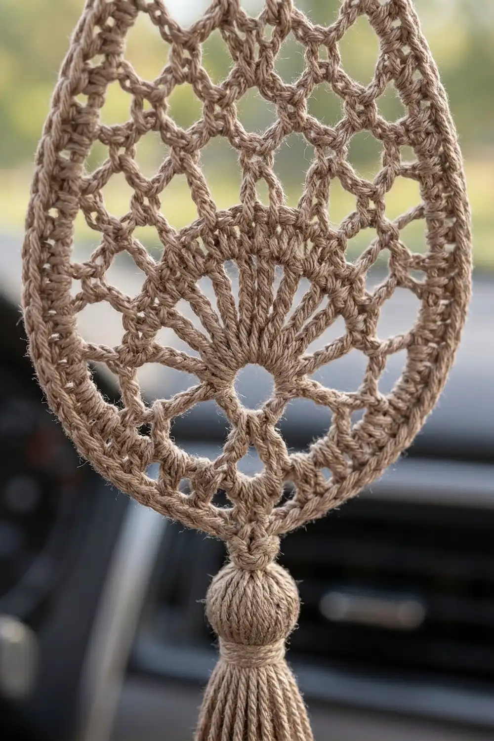 Detailed close-up of a beige macramé wall hanging showing an intricate teardrop pattern with knotwork against a softly blurred background.