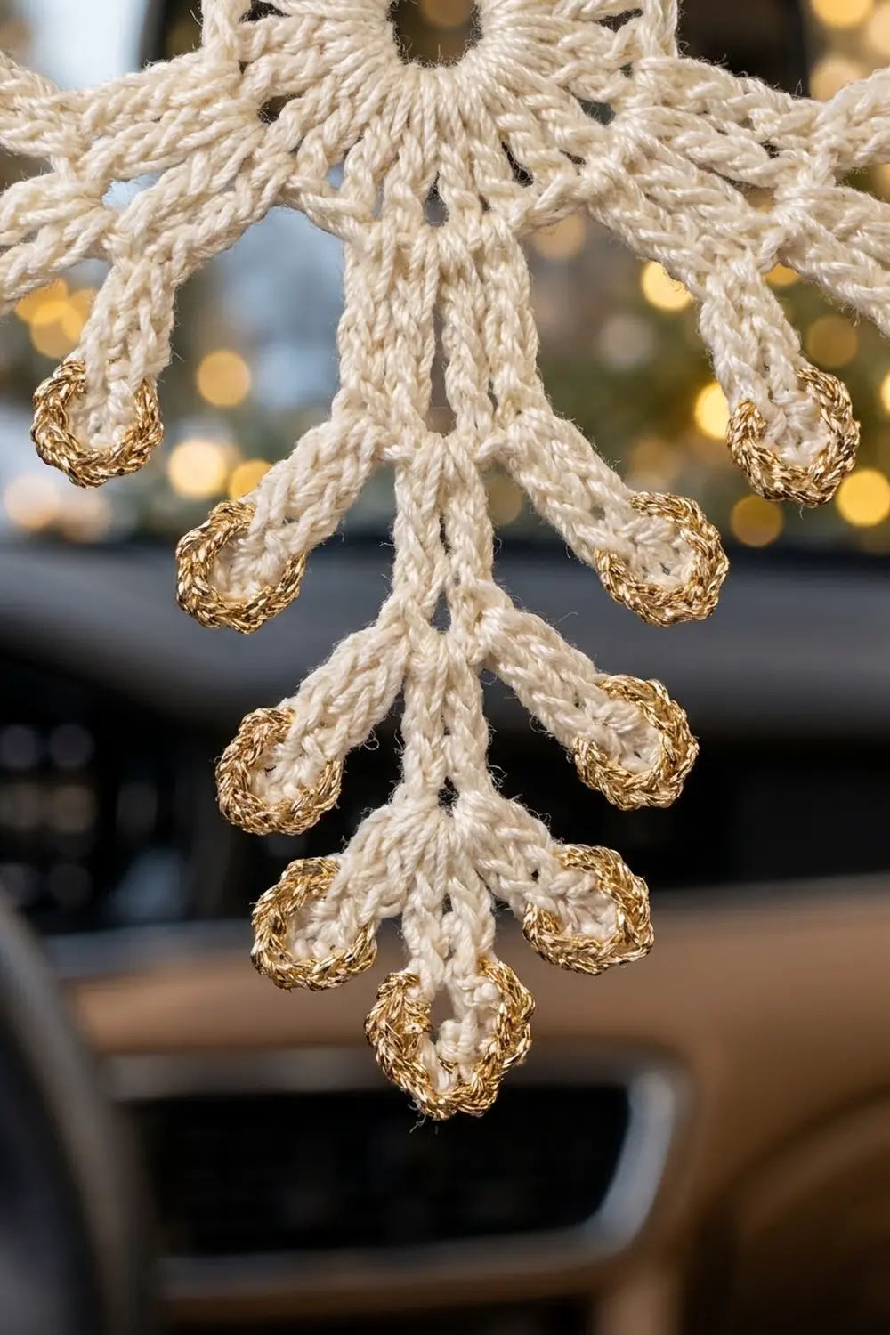 Cream-colored rope ornament with gold-wrapped bead dangles suspended against blurred holiday bokeh lights.