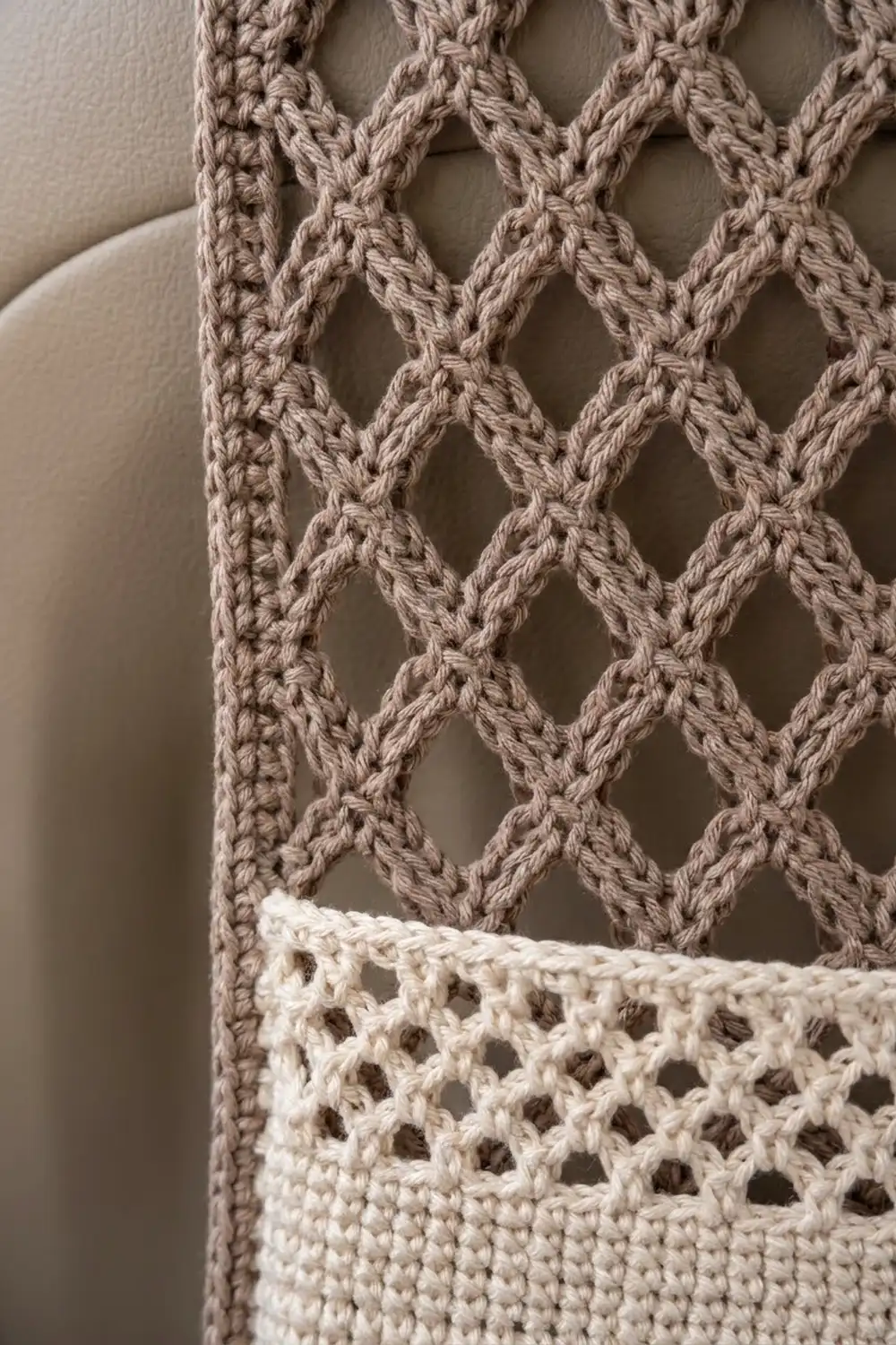 Layered crochet with openwork diamond pattern in taupe and cream, displayed against neutral wall.