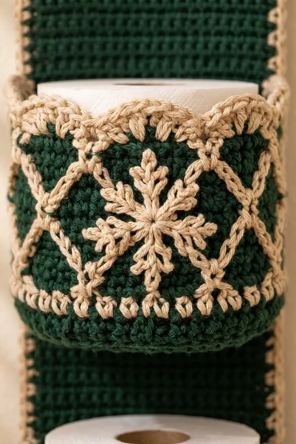 Dark green crocheted mug cozy with a tan snowflake pattern and edging wrapped around a white container.