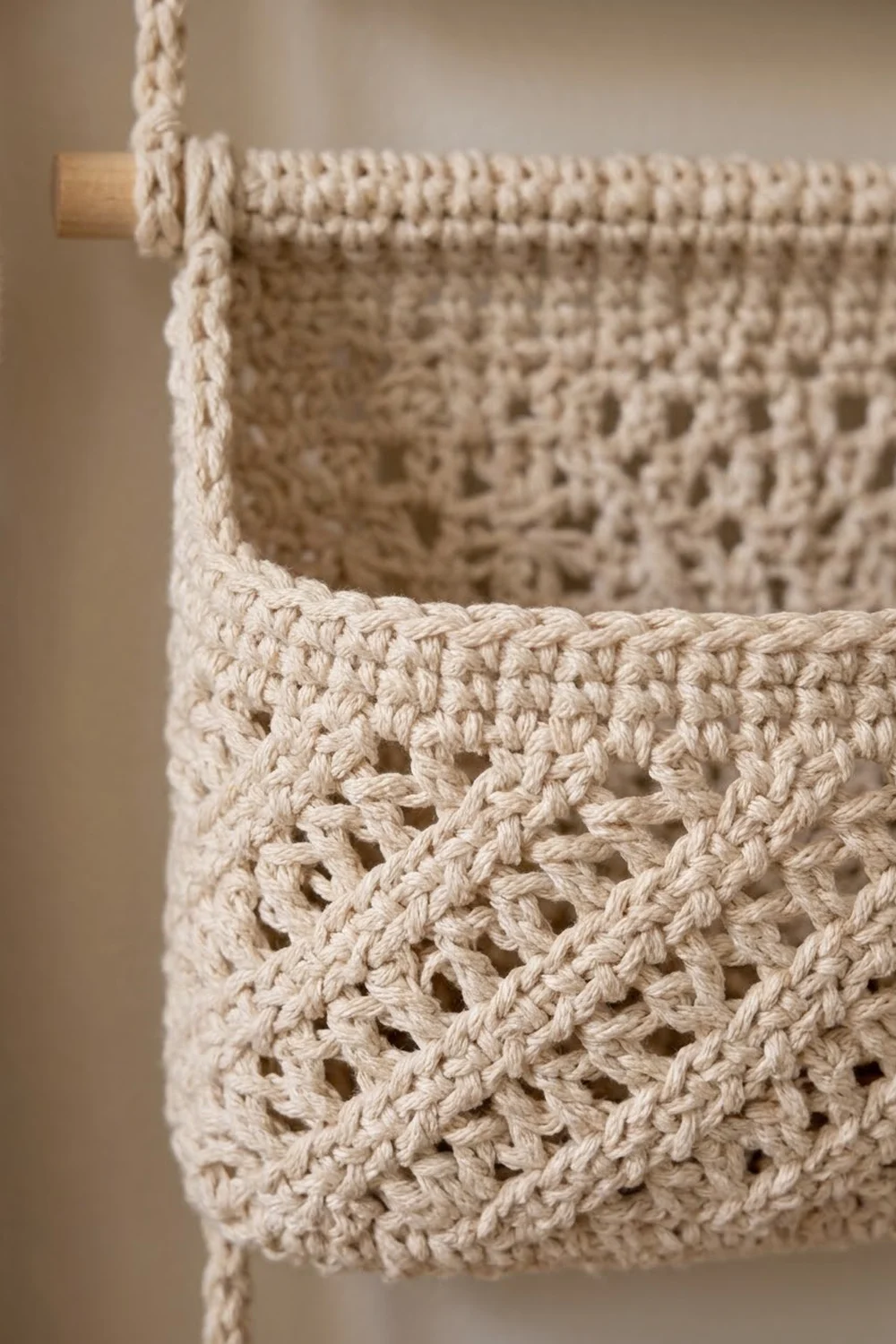 Cream-colored crochet with openwork lacey pattern and braided rope trim, suspended from wooden dowel.