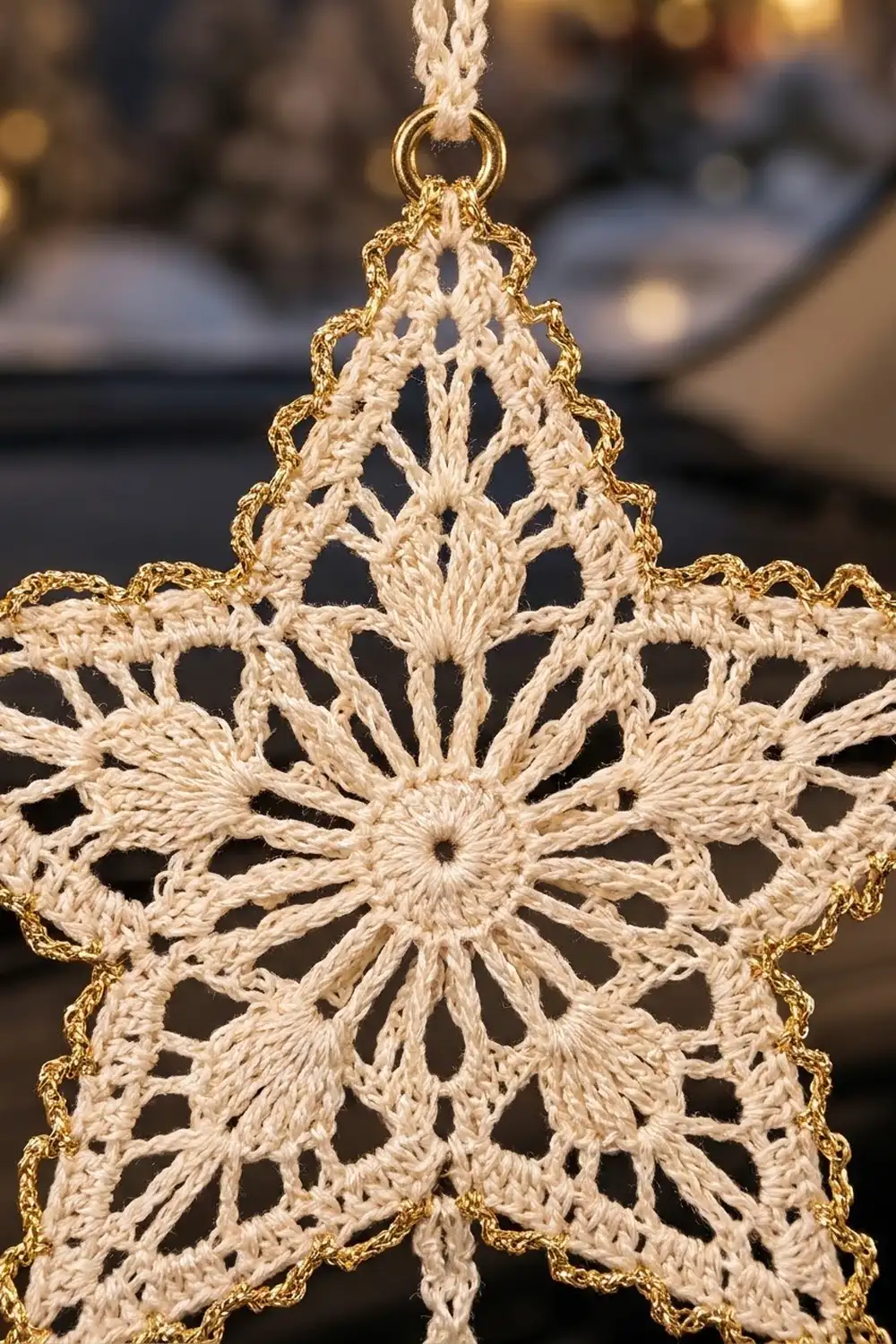 Delicate cream lace star ornament with gold edges hanging against soft, warm holiday bokeh lighting.