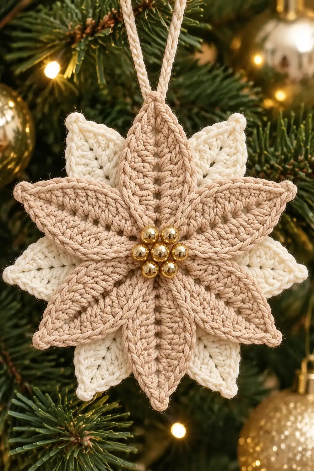 Crocheted star ornament in cream and tan with gold beads, hanging on evergreen tree with warm lights.