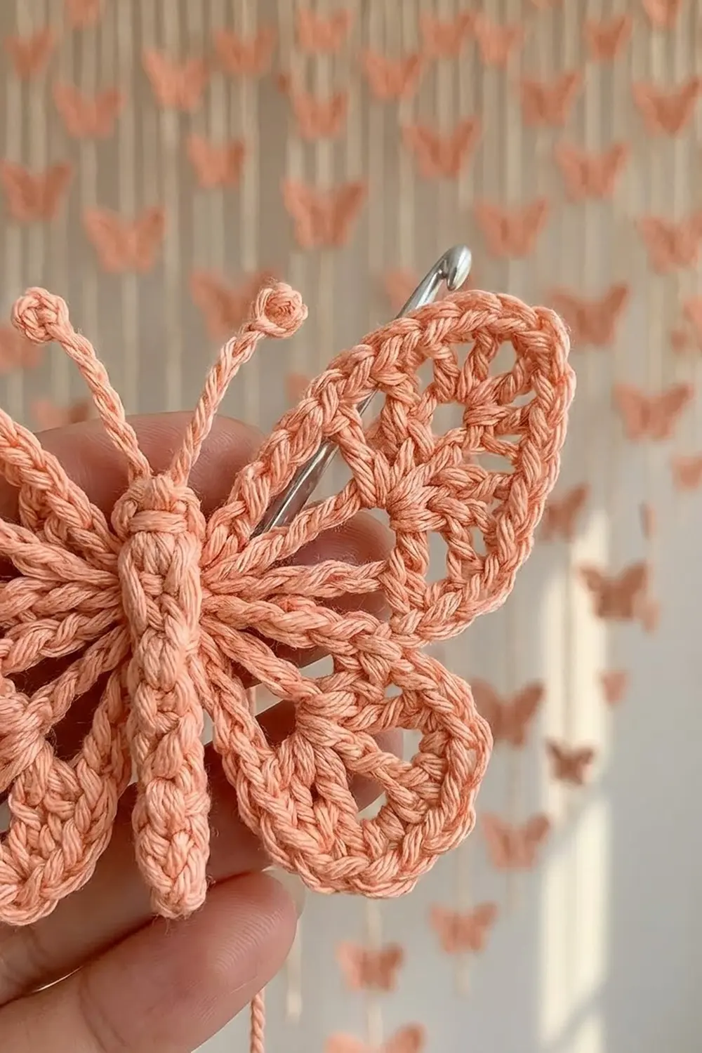 A crocheted peach butterfly with open wings held in someone's hand against a butterfly-patterned background.
