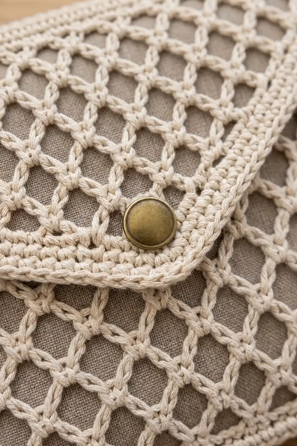 Cream-colored crocheted mesh fabric with an open stitch pattern and a brass snap button detail.