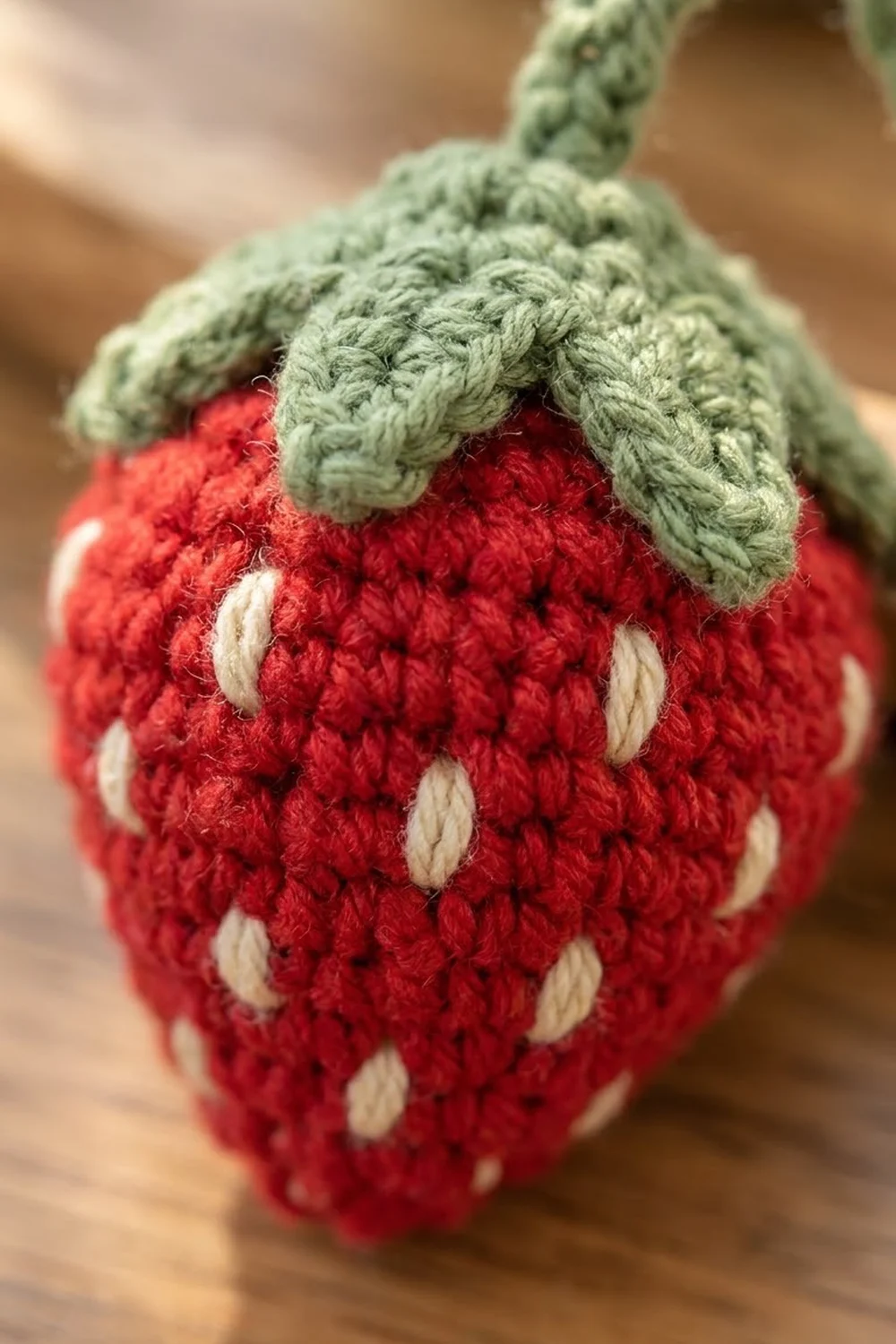 Crocheted strawberry in deep red with cream-colored seed details, topped with a green leaf stem, against a soft blurred background.