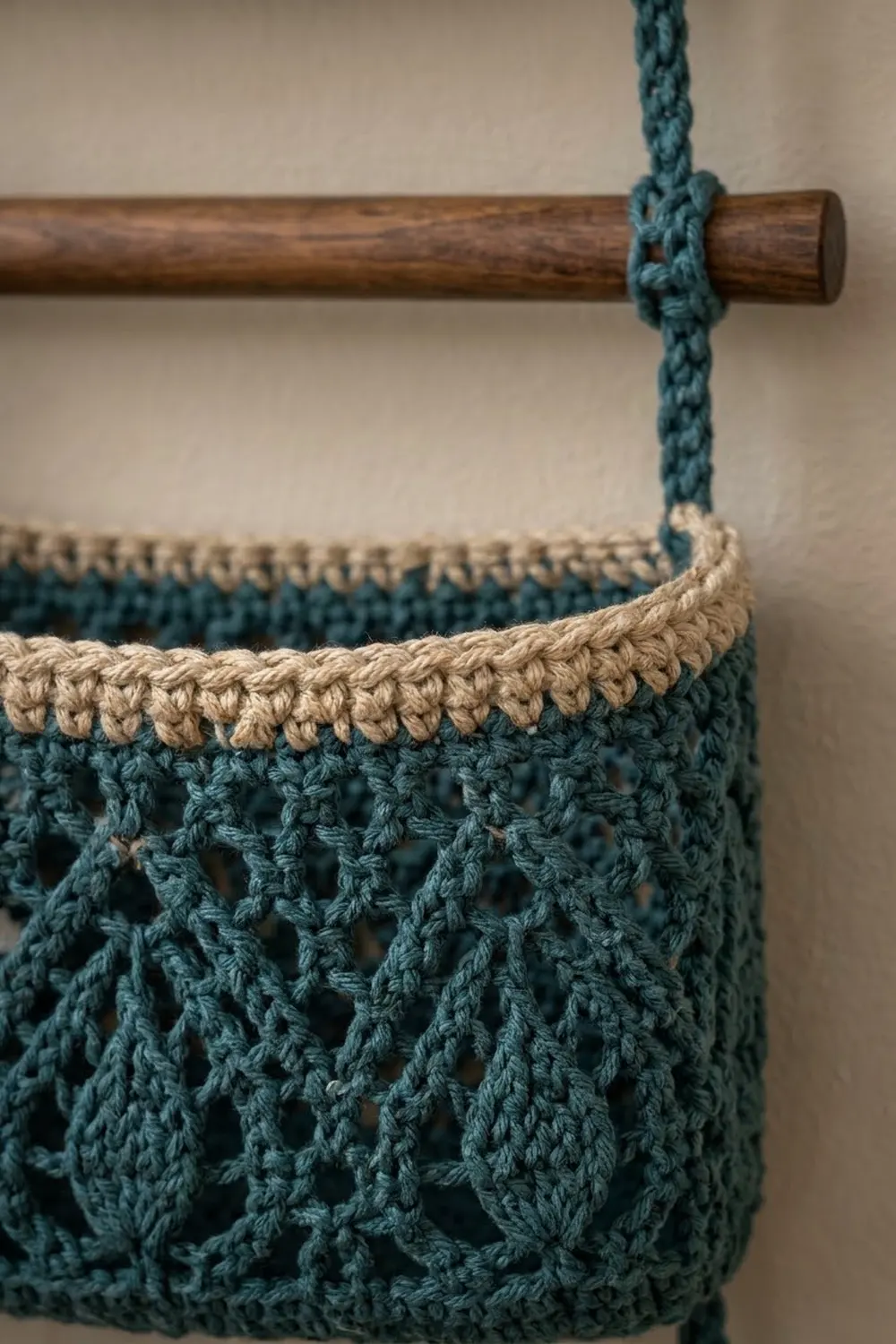 Teal crocheted hanging basket with cream trim suspended from a dark wooden rod against a neutral wall.