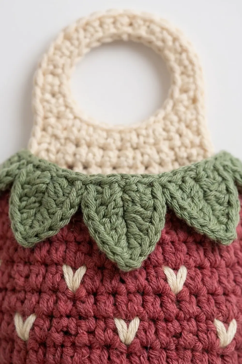 Close-up detail of a burgundy crocheted tote bag with cream handle, green trim band, and white decorative stitches.