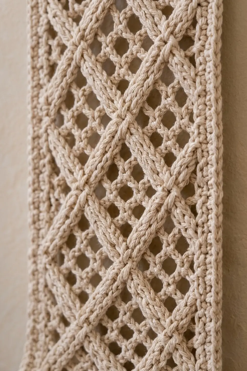 Cream-colored crocheted fabric with open diamond lace pattern and textured twisted yarn detail against neutral background.