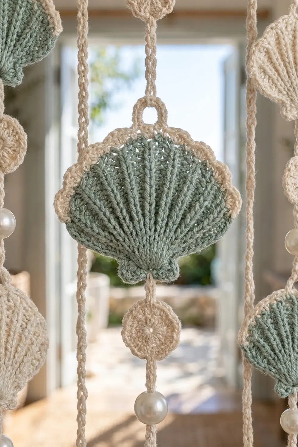 A sage-green crocheted seashell ornament with pearlescent beads dangles from cream braided rope before a bright sunlit window.