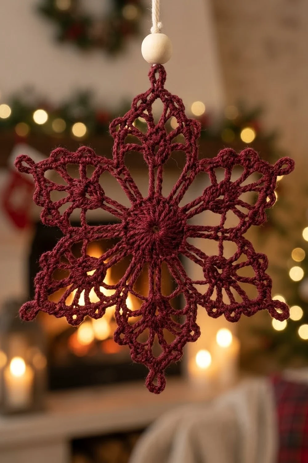 A burgundy crocheted snowflake ornament with a wooden bead hangs against a blurred holiday backdrop.