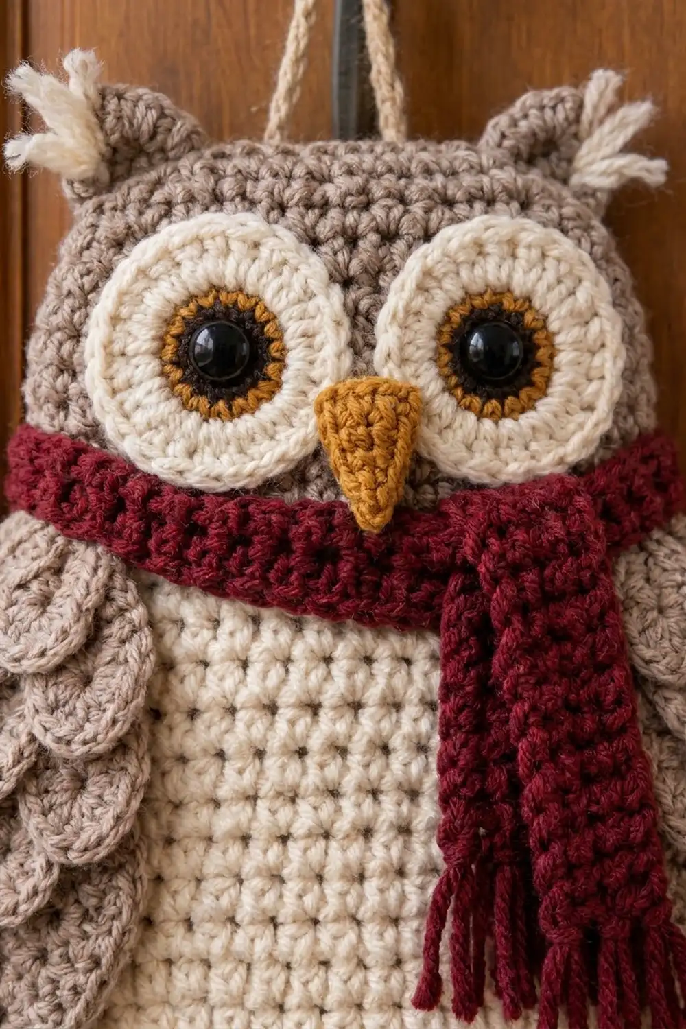 Crocheted amigurumi owl with soft gray body, large cream eyes with golden rings, golden beak, and burgundy scarf on wood.