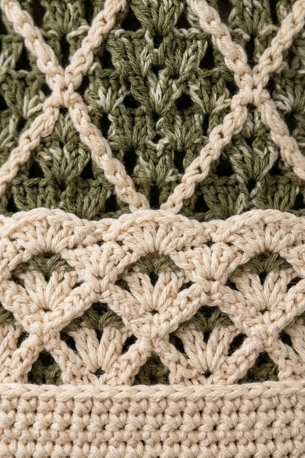 Olive green and cream crocheted fabric with detailed textured stitches and an openwork lattice band.