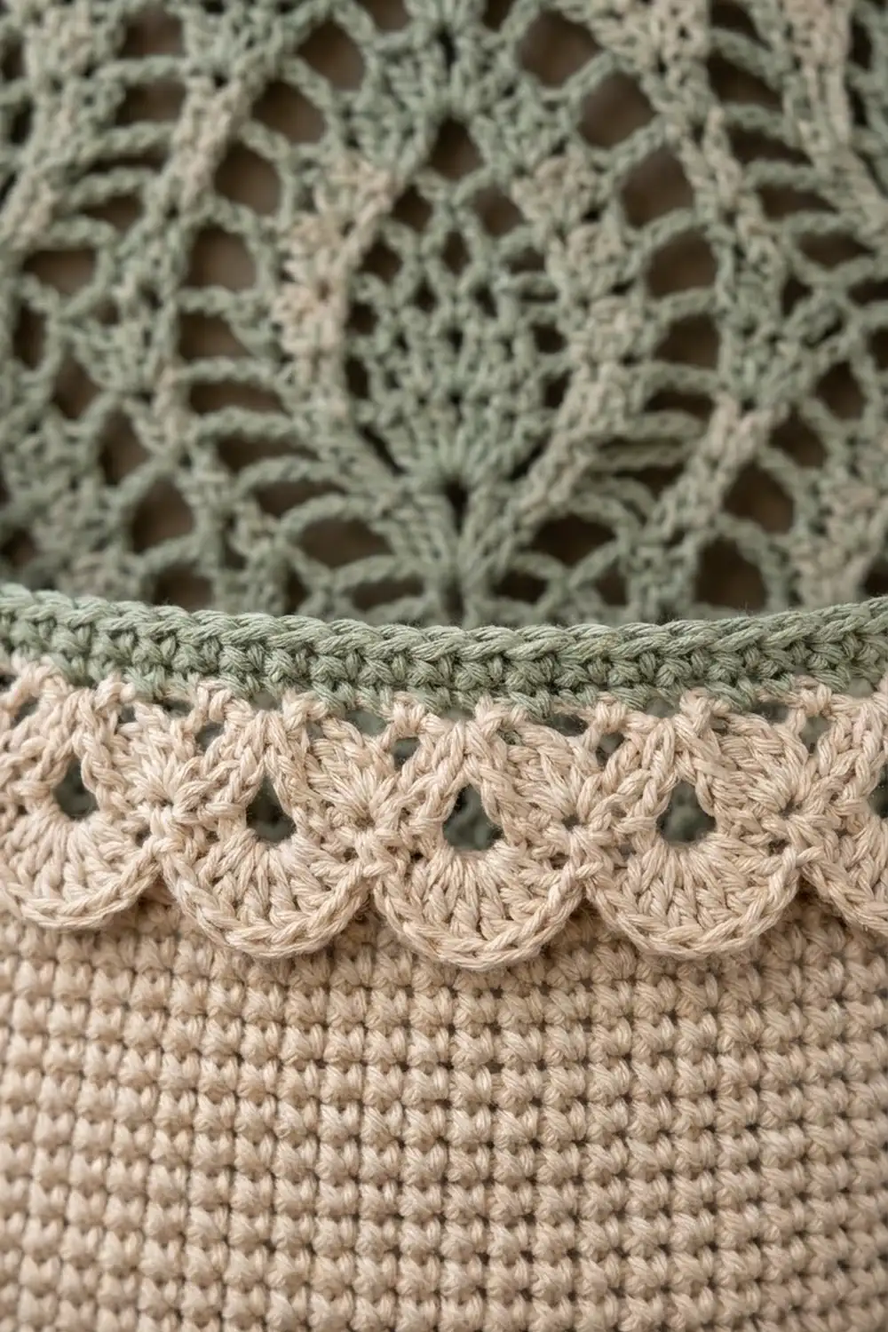 Close-up of layered crochet showing sage lace openwork transitioning to a cream scalloped border and dense base.