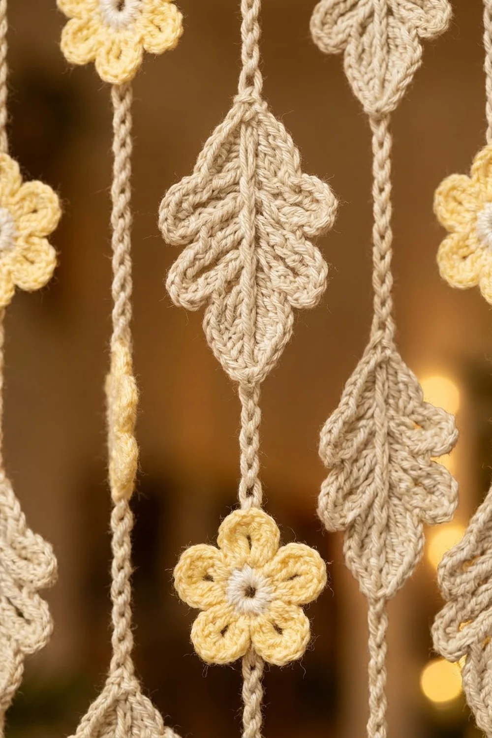 Crocheted leaf and flower ornaments in cream and yellow yarn hanging from twisted twine strings.