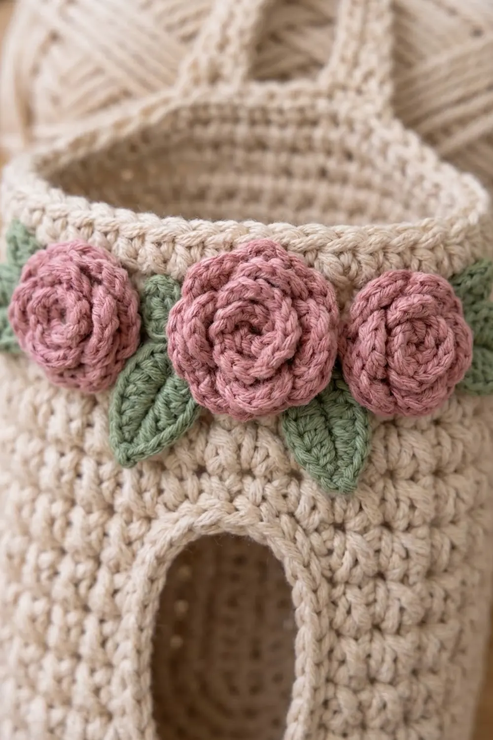 Close-up of cream crocheted bag with three dusty pink rose flowers and green leaves attached.