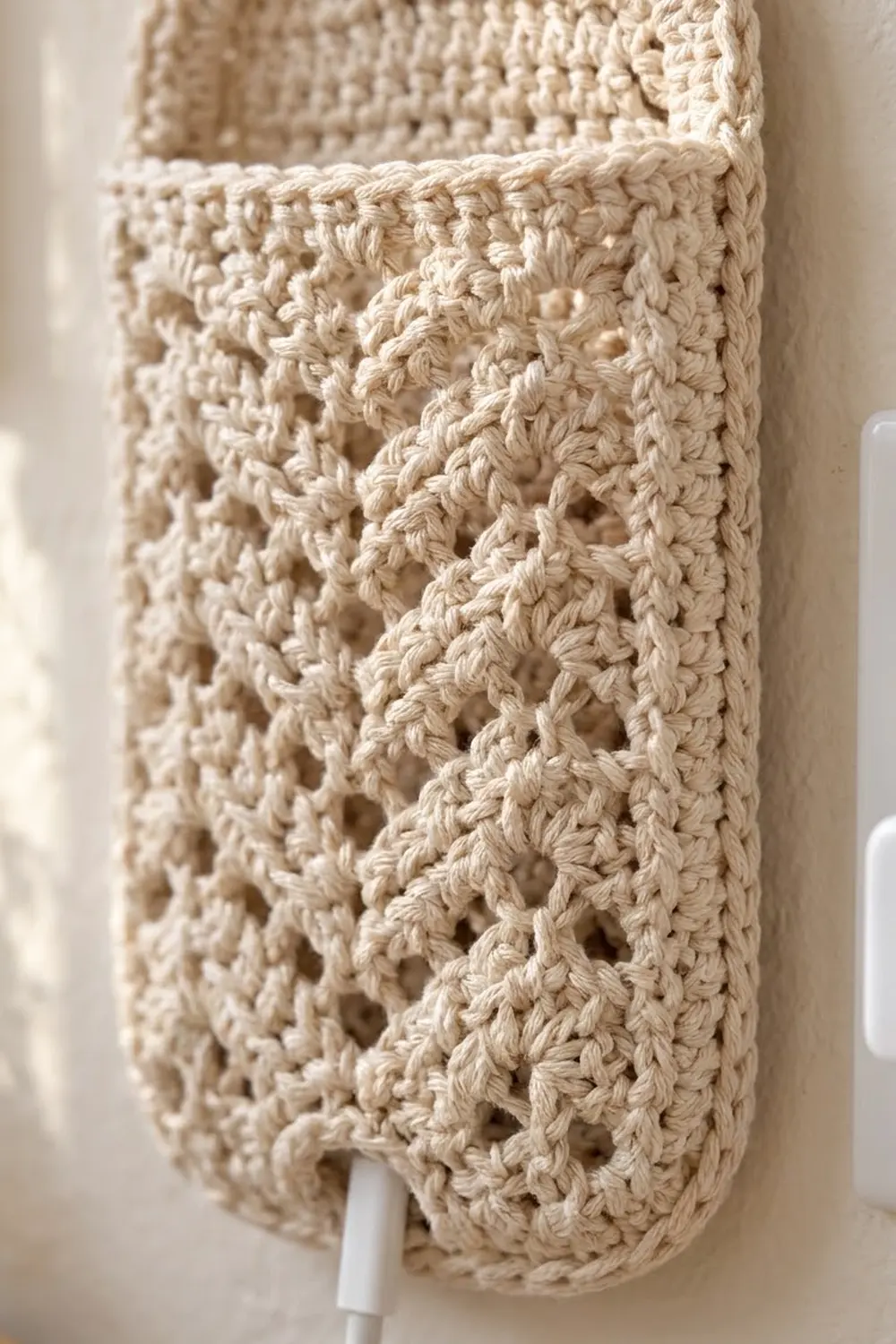 Cream crochet basket with intricate openwork pattern and handle showing detailed lace-like stitch texture in neutral setting.