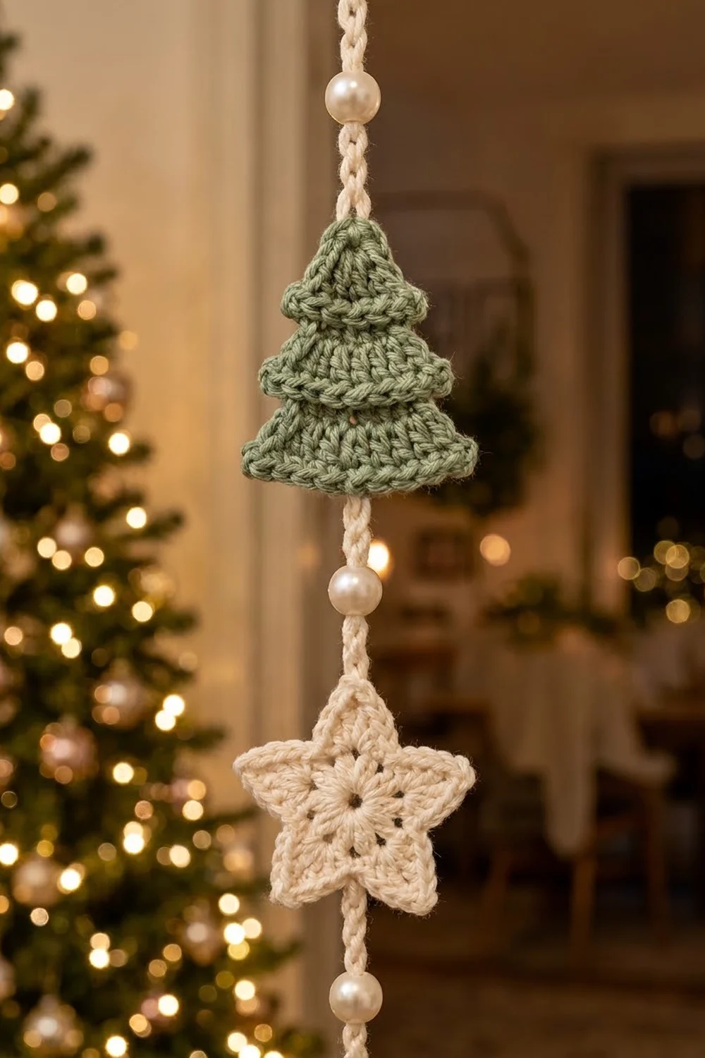 Handmade crochet ornament with sage green tree, cream star, and pearl beads suspended on cream rope, warm bokeh lights behind.