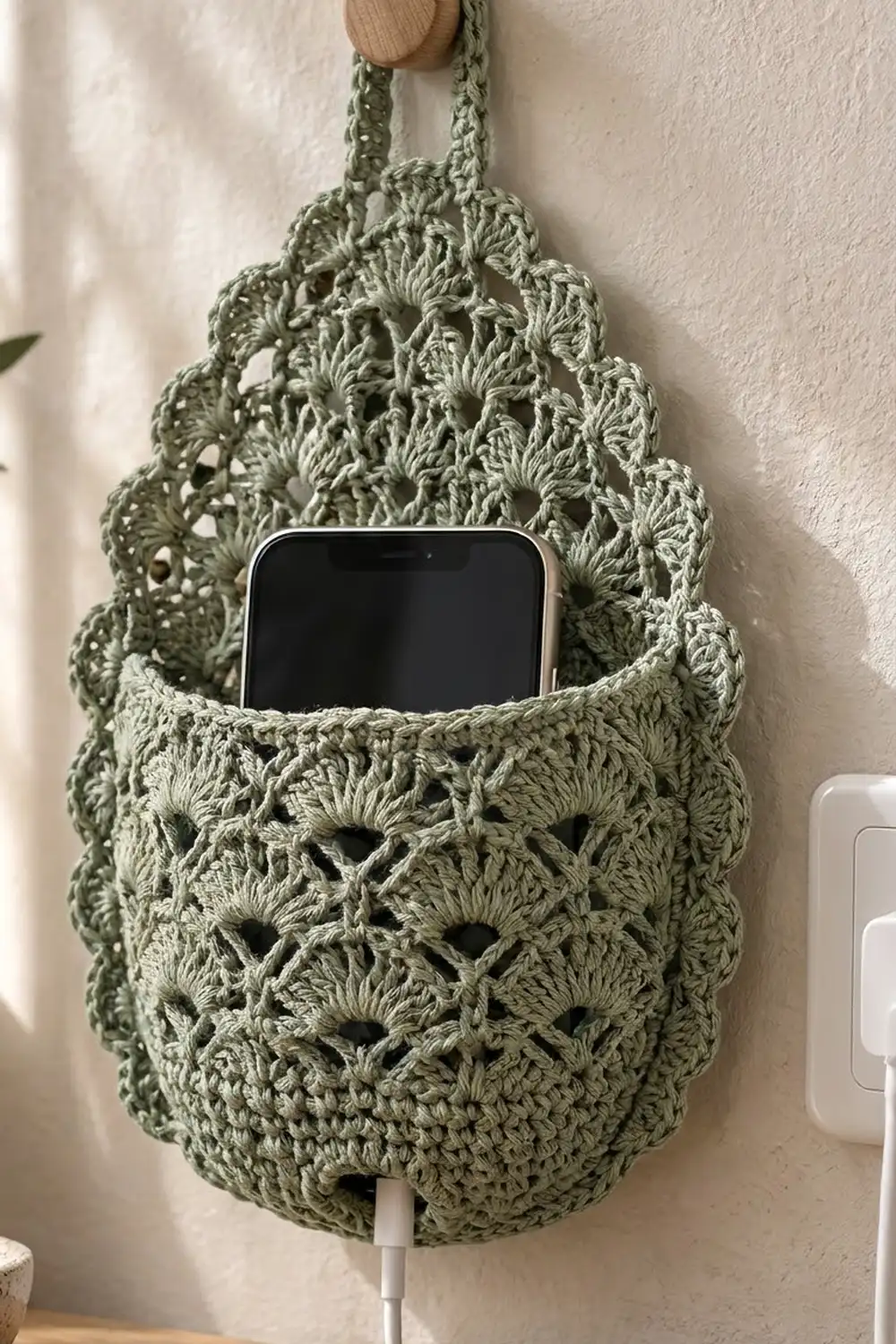 Sage green crocheted phone holder with intricate open stitch pattern, hanging on white wall with smartphone inside, charging cable below.