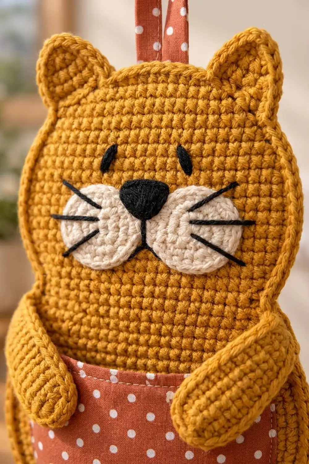 Mustard-yellow crocheted cat with black embroidered eyes and white cheeks wearing a terra-cotta polka-dotted dress.
