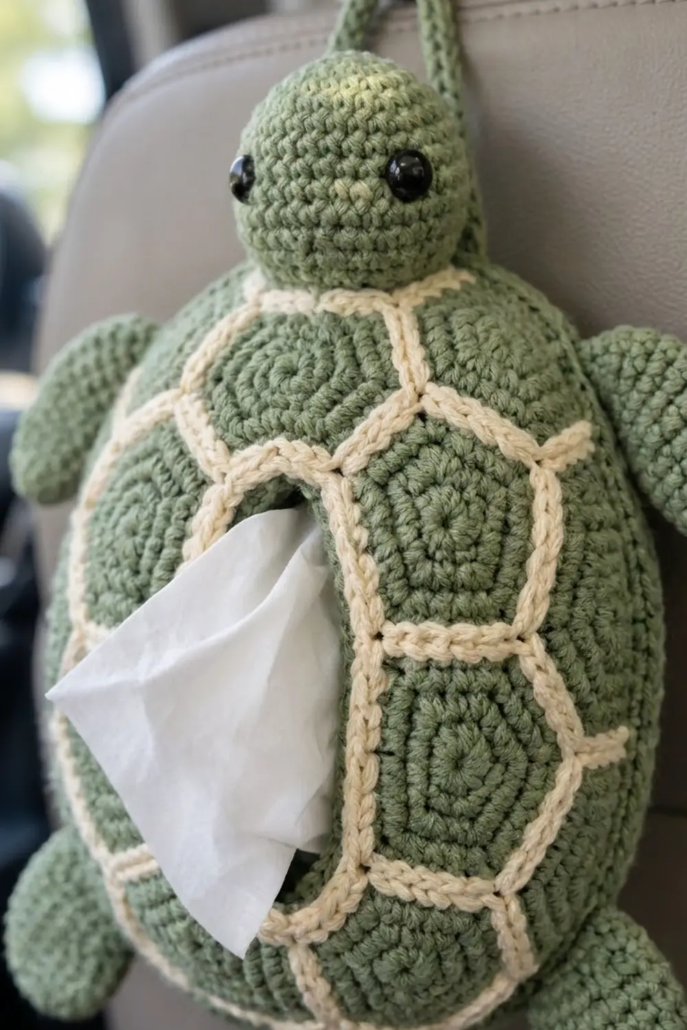 Sage green crocheted turtle amigurumi with tan shell pattern and black bead eyes holding a white tissue.