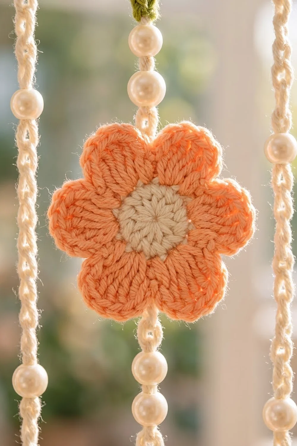 Crocheted orange flower with cream center, hanging from beige braided cord with pearl beads on blurred outdoor background.
